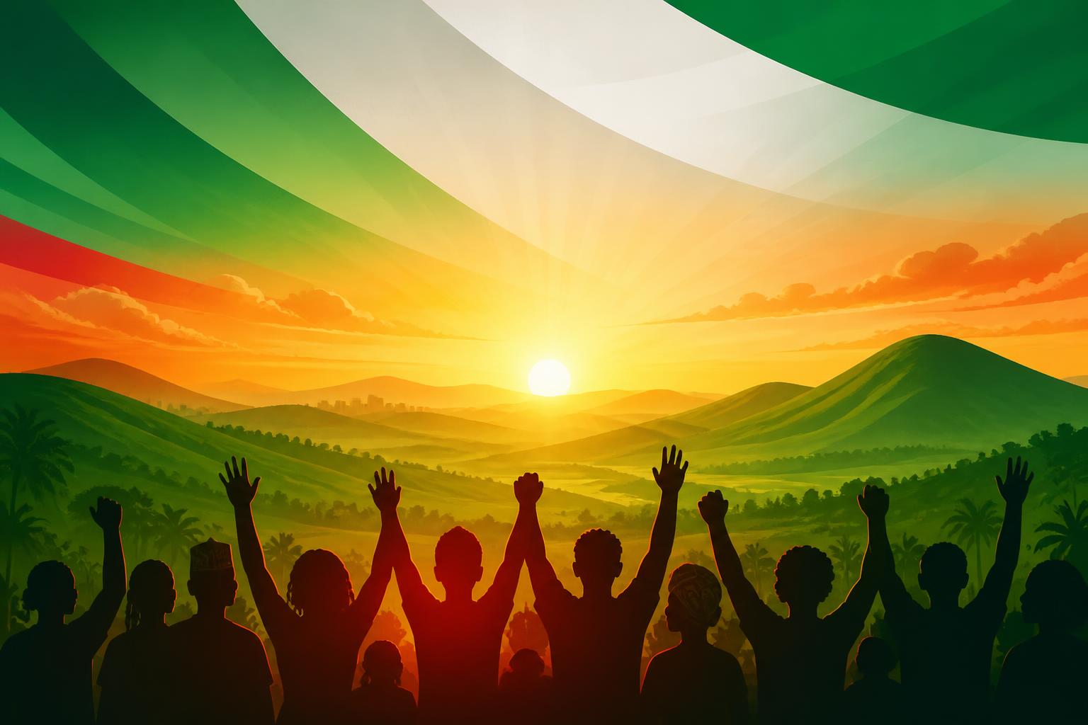Taraba campaign rally illustration with green hills and united community silhouettes
